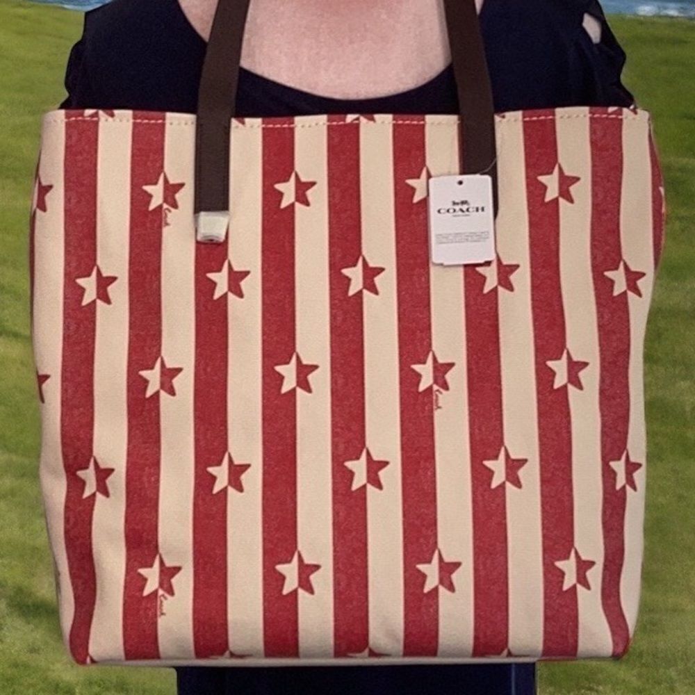 COACH NWT LARGE CANVAS TOTE BAG CHALK RED STRIPED WITH STARS PATRIOTIC - Picture 3 of 9